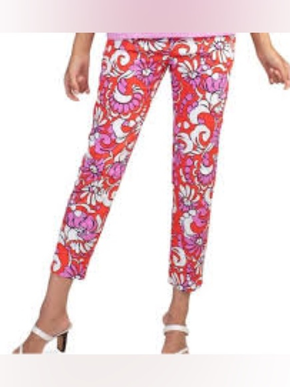 Trina Turk Moss Pants 10 Red Pink Floral Tapered Cropped Tropical Preppy Womens
